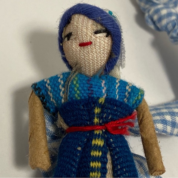 Vintage Folk Art Asian DOLL Fabric Handmade Cloth Necklace Blue Check Tie - Picture 9 of 15